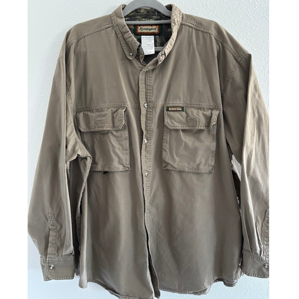Vintage Remington Hunting Shirt Men 2XL Green Button Up Long Sleeve Outdoor Camo